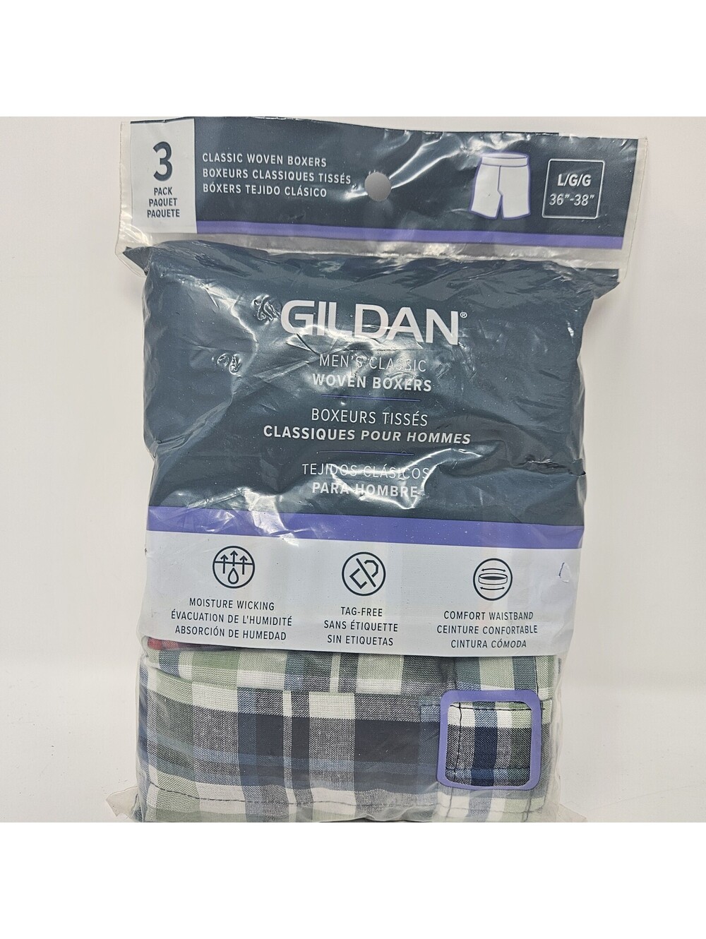 New 3 Pack Gildan Men's L (36"- 38") Classic Woven Boxers Plaid Cotton Blend